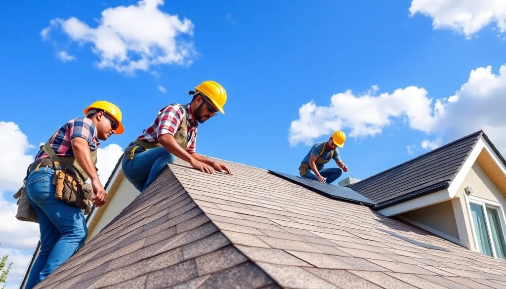 Twin Shield Roofing crew diligently installing shingles on a residential home, showcasing expertise.