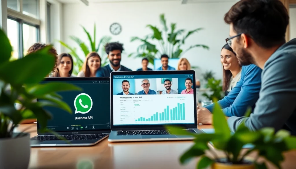 Showcase of professionals discussing the whatsapp business api in a modern office environment.