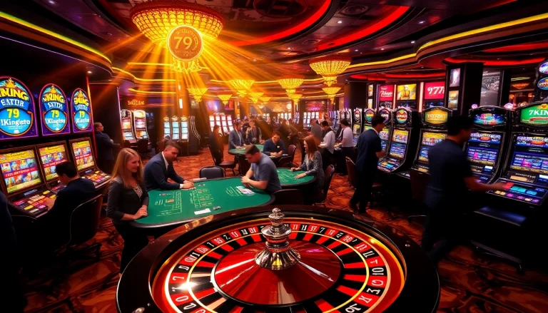 Exciting scene of players enjoying games at 79king com casino with vibrant roulette and slot machines.