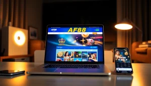 AF88 online betting platform on laptop and smartphone showcasing vibrant gaming graphics