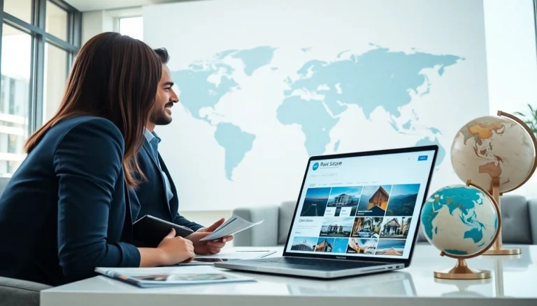 Real estate agent assisting clients with information about international real estate websites.