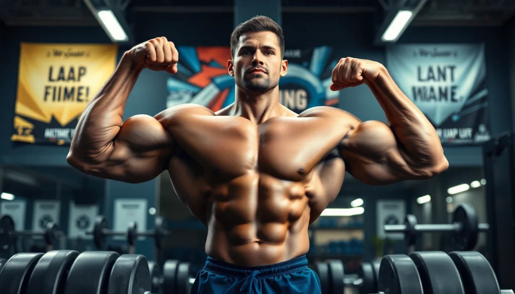 Showcase of a strong athlete flexing with the keyword 888new highlighted in a vibrant gym setting.