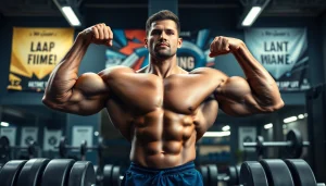 Showcase of a strong athlete flexing with the keyword 888new highlighted in a vibrant gym setting.