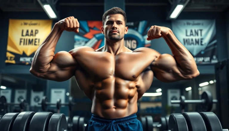 Showcase of a strong athlete flexing with the keyword 888new highlighted in a vibrant gym setting.