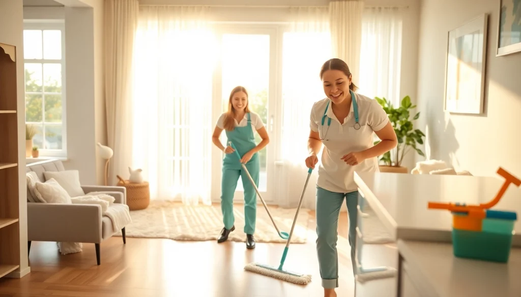 Engaging cleaning service team meticulously cleaning a bright home interior.