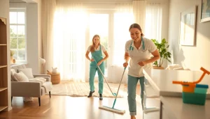 Engaging cleaning service team meticulously cleaning a bright home interior.