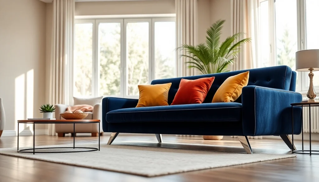 Cozy living room featuring a plush sofa bed with colorful pillows and elegant decor.