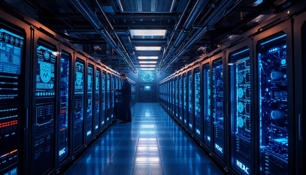 Advanced mining rigs in a high-tech crypto mining facility with glowing digital displays.