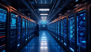 Advanced mining rigs in a high-tech crypto mining facility with glowing digital displays.