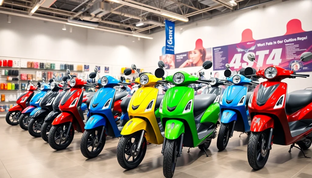 Motorroller kaufen im modernen Showroom mit verschiedenen Modellen und lebendigen Farben.