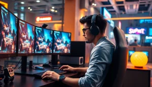 Engaging gaming setup with multiple screens at https://gamelevate.com showcasing vibrant esports scenes.