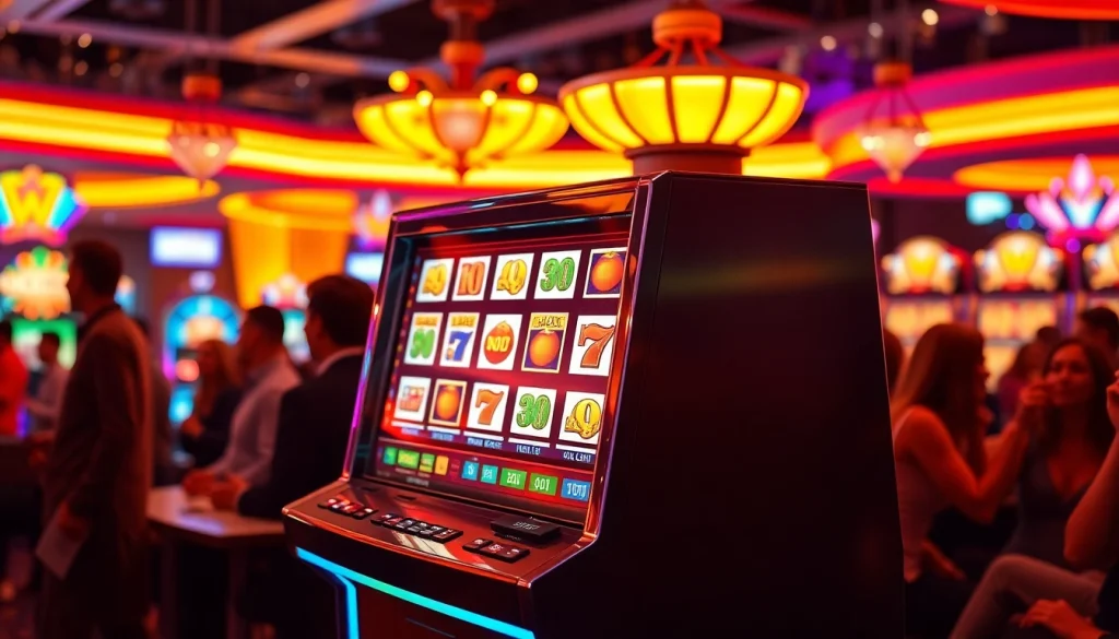 Berbagai pemain menikmati slot mesin di kasino yang ramai dan berwarna-warni.