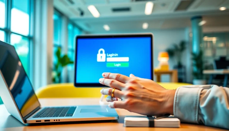 Masuk ke komengtoto login dengan perangkat digital modern di lingkungan kantor yang energik.