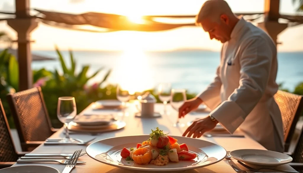 Private chef St Martin creating an exquisite seafood dish at a sunset dining setting.