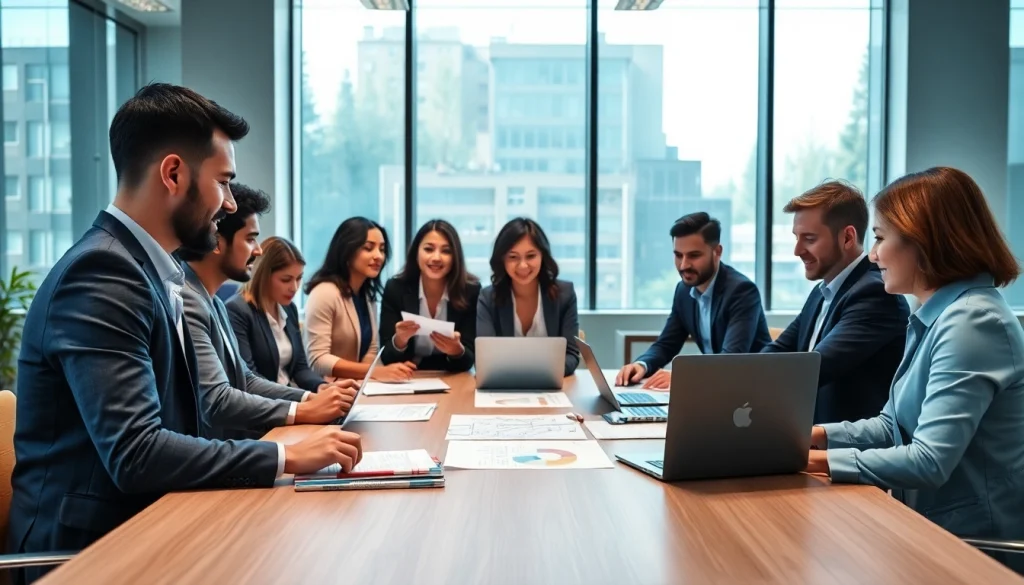 Engaged professionals collaborating as Quickplus Business Consultants in a modern office.