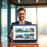 Engaging real estate agent showcasing listings in a modern office environment.