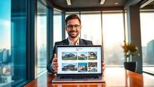 Engaging real estate agent showcasing listings in a modern office environment.