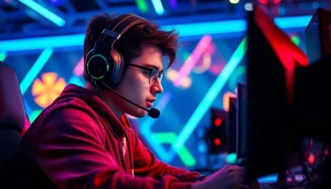 Menampilkan daftar ggsoft game dengan gamer terampil yang sedang bermain dengan konsol canggih.