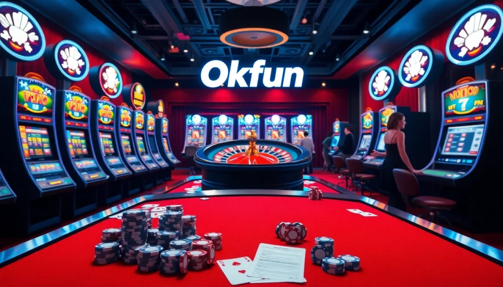 Experience the excitement of Okfun’s digital casino with vibrant slot machines and a spinning roulette wheel.