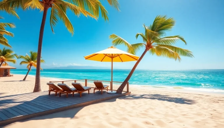 Relaxing coastal cabana beside the beach with palm trees and lounge chairs for a perfect getaway.