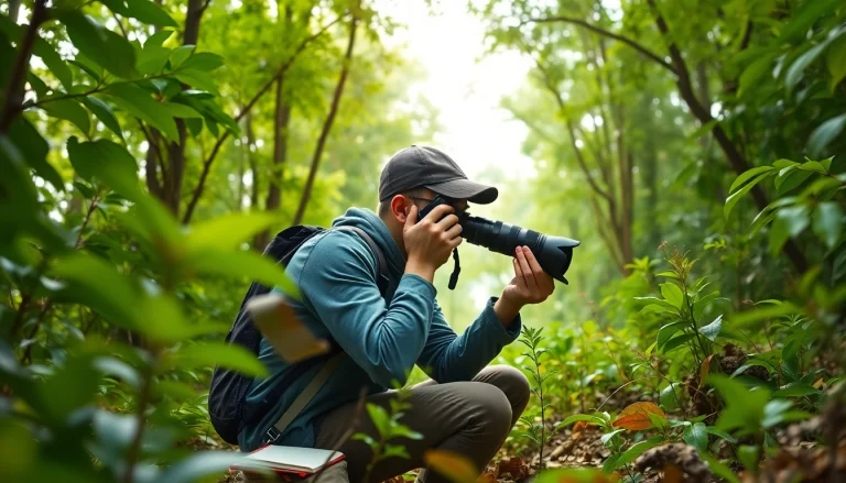 Capturing environmental stories at https://www.unsustainablemagazine.com with a journalist in a lush forest.