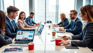 Professionals Buy LinkedIn Profiles in a modern office environment, showcasing active networking.