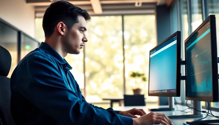 Implementing patch management services efficiently with a professional technician in a modern office.