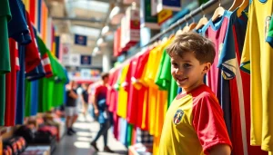 Shop vibrant cheap football kits in a bustling sports store, showcasing a colorful array of jerseys.