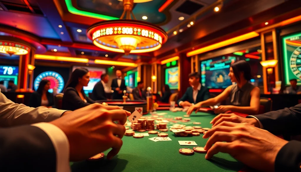 Experience the thrill of 79king on a lavish casino floor with players enjoying poker and roulette.