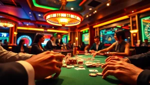 Experience the thrill of 79king on a lavish casino floor with players enjoying poker and roulette.