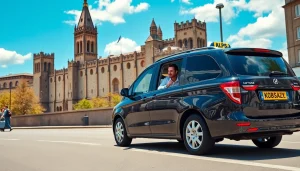 Book a taxi Nottingham to Heathrow airport with a friendly driver assisting passengers at a city landmark.