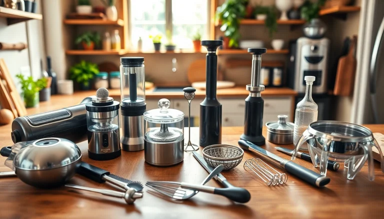 Innovative kitchen gadgets NZ displayed artistically on a countertop with natural lighting.