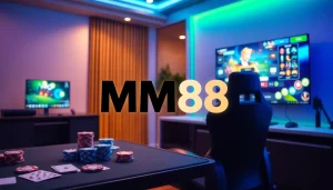 Engaging gaming scene with the MM88 logo, vibrant graphics, and exciting elements.