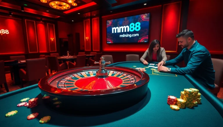 Engage in thrilling gameplay at mm88.com with intense poker action and dazzling casino chips.