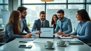 Team discussing startup accounting firm strategies in a modern office setting.