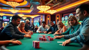 Experience the thrill at a lively 79king poker table with engaged players and vibrant casino decor.