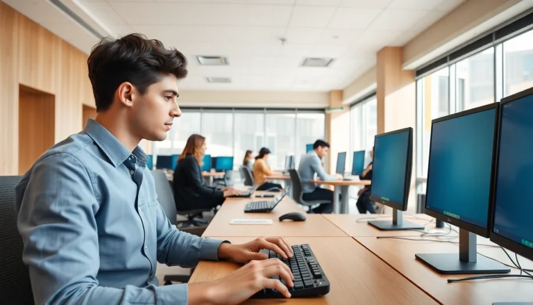 People collaborating in a vibrant typing center focused on enhancing typing skills and productivity.