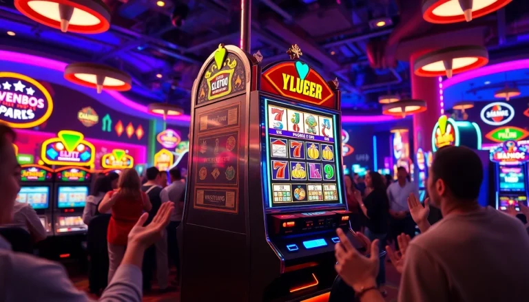 Karakteristik slot mesin dengan pemain merayakan kemenangan di lingkungan kasino yang semarak.