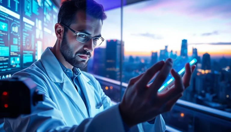 Showcasing the dynamic atmosphere of www.trilgameshproject.com, a scientist in a cutting-edge lab exploring immortality.