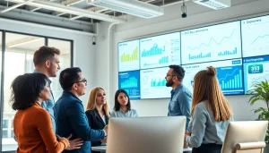 Engaging professionals discussing seo services in a modern office setting.