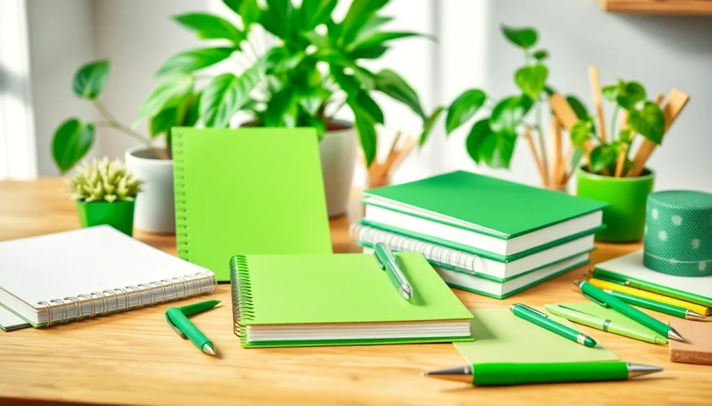 Explore a colorful arrangement of green stationery products on a desk, highlighting eco-friendly choices.