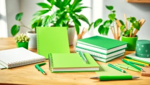 Explore a colorful arrangement of green stationery products on a desk, highlighting eco-friendly choices.