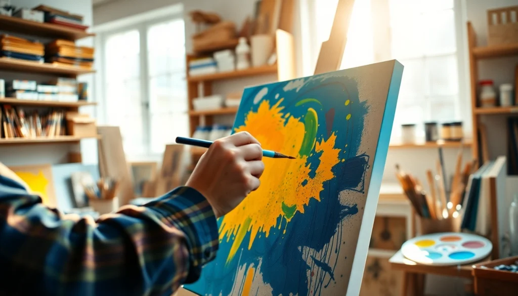 Canvas verfwerkt door een kunstenaar in een inspirerende, goed verlichte studio.