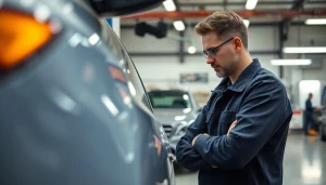 Kfz Sachverständiger Aachen bewertet ein Fahrzeug detailliert in einer professionellen Werkstatt.