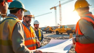 Engaged New Jersey Commercial General Contractor collaborating on-site with team and blueprints.