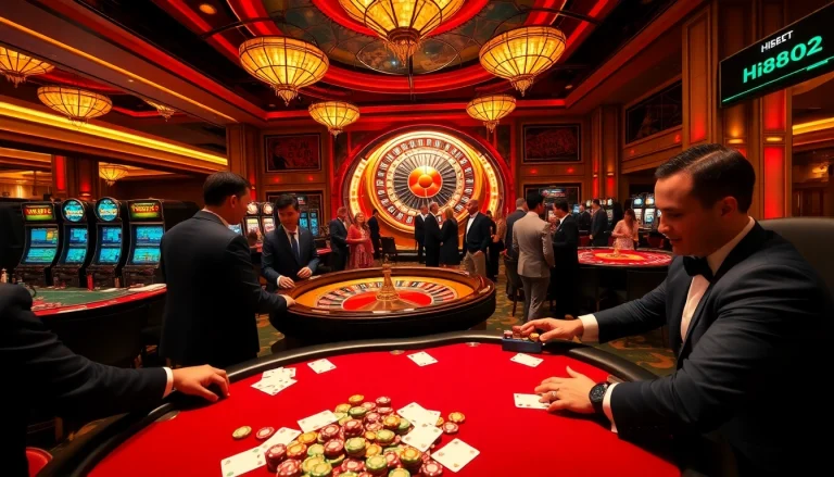 Dive into a thrilling casino experience featuring Hi8802 with high-stakes poker games and vibrant roulette tables.