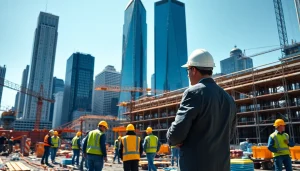 New York City Construction Manager supervising a vibrant construction site amidst skyscrapers.