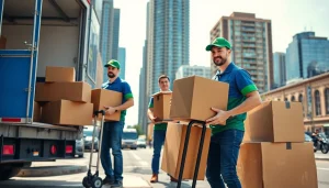 Movers from a Toronto moving company efficiently loading furniture into a truck in a bustling city.