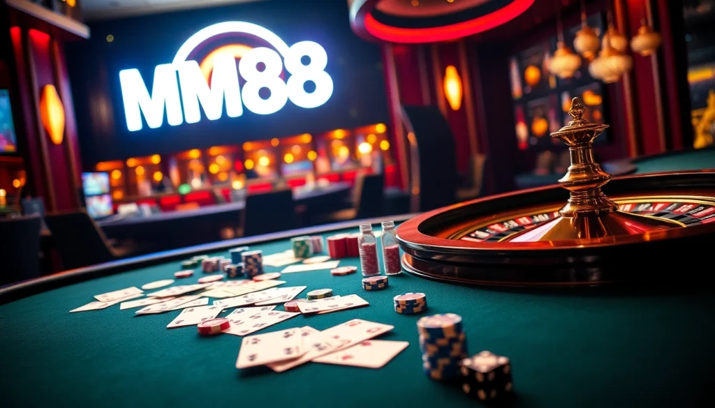 Experience the excitement of MM88 at an upscale poker table surrounded by vibrant chips and game elements.