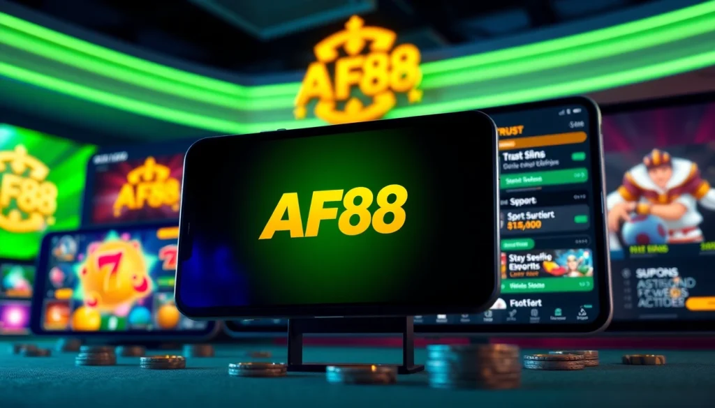 AF88 online gambling platform showcasing the app and vibrant game graphics.